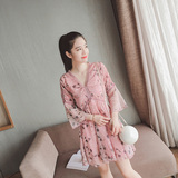 2016夏季新款女装韩版七分袖雪纺连衣裙蕾丝拼接中长款裙子QZ1138