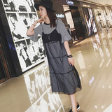 2016韩国黑白条纹连衣裙中长款宽松短袖T恤两件套女夏季吊带背心