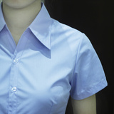 新款夏季女纯蓝衬衫短袖职业装蓝色衬衣半袖工作服V领收腰工装