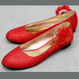 金色红色花朵低跟平底鞋亮片圆头婚礼鞋结婚鞋新娘鞋大码鞋40码