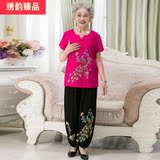 富太棉麻套装刺绣夏装上衣服两件套60-70岁中老年人妈妈女奶奶裤