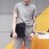 【小胡子店】条纹棉麻短袖衬衫 男时尚韩国修身麻料休闲衬衣 2色