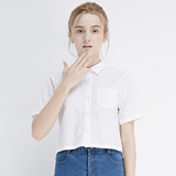 iFashion2016夏装新款白色短袖衬衫女翻领短款衬衣拼接细条纹上衣