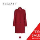 SXT 100%全羊毛酒红色立领修身塑形大衣