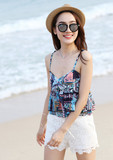 日系夏季新款时尚女装印花雪纺衫海边度假风短款吊带小衫甜美上衣
