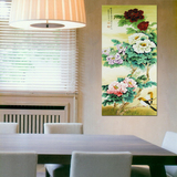 无框画中式装饰画走廊竖版画玄关餐厅挂画单联画国画牡丹花鸟图画