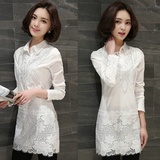 2016新款女装春装韩版品质精致优雅翻领镶钻蕾丝裙摆中长款衬衫