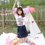 2016夏季新款韩版宽松简约上衣女学生潮 破洞百搭短袖印花T恤