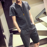 夏季新款男式韩版潮流纯色棉麻布料短袖套装T恤青年男士休闲衣服
