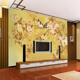 大型中式客厅餐厅电视背景墙壁纸壁画中式古典手绘花鸟墙纸画定制