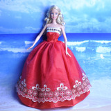 5件包邮芭比娃娃衣服婚纱礼服 蕾丝裹胸精美绣花喜庆红公主裙
