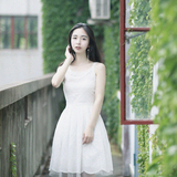 2016夏季韩版修身显瘦水溶蕾丝棉质白色无袖吊带花边中长款连衣裙