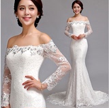 冬季最新款长袖一字肩鱼尾拖尾韩式新娘蕾丝婚纱礼服定制