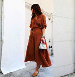 韩国夏装新款V领高腰垂感宽松皱褶连衣裙宽松蝙蝠袖复古显瘦长裙