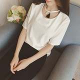 夏季大码韩版女装上衣衫领口镂空流苏短袖T恤女个性宽松纯色体恤