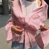 2016韩国东大门代购夏季女装 X2 系腰带薄款条纹长袖翻领防晒衬衫