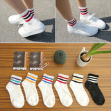 十双包邮韩国糖果色新三条杠运动条纹纯棉女士棉袜袜子男女中性袜