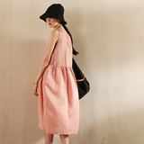 那一抹蜜粉色 顺滑柔软 中长款高腰背心连衣裙夏装文艺纯色中长裙