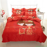 个性民族风中国风结婚庆四件套大红色古典床上用品被套床单纯棉