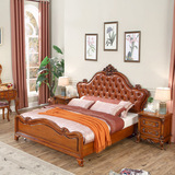 欧式美式乡村床实木雕花双人床新古典1.8米真皮婚床 卧室配套家具