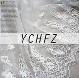 米白色 定位花蕾丝两边对称棉线刺绣花纱欧根纱瑞士网 布料 面料