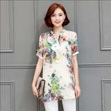2016夏季新款大码修身显瘦印花中长款短袖衬衫女韩版女装立领上衣