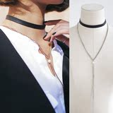韩版时尚简单珍珠pu皮质Y型双层项链长款毛衣链颈链个性装饰品女