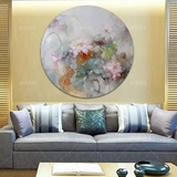 现代中式客厅三联餐厅玄关卧室装饰画印象荷花圆形画手绘花卉油画
