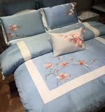 经典民族风60长绒棉刺绣四件套全棉床单式蓝色绣花中式床品