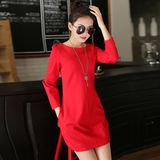 春装新款品牌女装红色七分袖连衣裙中长款修身大码显瘦裙