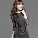 秋装新款韩版蕾丝纱衣打底衫长袖堆堆领显瘦上衣银丝网纱t恤女