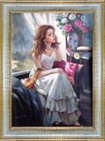 纯手绘写实人物油画系列二-窗前的女孩吊带裙玫瑰花(现货)