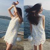 韩国新款 夏季女装修身小雏菊无袖花朵蕾丝连衣裙甜美打底背心裙