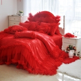 韩版公主风四件套纯棉贡缎提花婚庆大红床罩床裙被罩套床品三件套