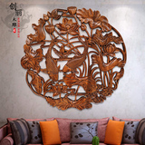 东阳木雕圆形莲花鱼镂空挂件中式仿古客厅玄关实木挂饰香樟木壁挂