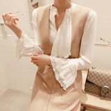 韩国代购2016夏季新款长袖风琴褶皱喇叭袖百搭雪纺衬衫OL女装上衣