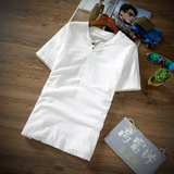 亚麻短袖t恤男士v领体恤修身夏季棉麻半袖中国风潮流男装衣服纯色