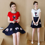 2016新款夏季女装潮韩版显瘦猫咪刺绣棉麻牛仔连衣裙两件套套装裙