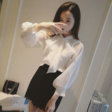2016春装新款韩版OL气质蝴蝶结系带领欧根纱灯笼袖白色衬衫上衣女