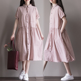 2016夏季新款女装韩版大码宽松翻领格子衬衫连衣裙 时尚棉麻长裙