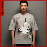 贝勒府中国风原创设计双鹤刺绣袍宽松T恤夏季男士纯棉廓形中袖潮