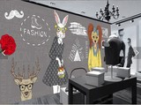 英伦动物图案个性时装服装鞋店背景墙壁纸 抽象潮流手绘大型壁画