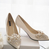 独家设计2016韩版白色尖头珍珠高跟鞋蕾丝水钻奢华婚鞋伴娘鞋定制