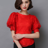 2016夏季新款显瘦修身灯笼袖雪纺上衣大红色短款圆领短袖蕾丝衫女