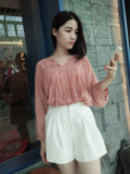 2016夏季韩版新款纯色中长款宽松七分袖v领雪纺衫女系带收腰上衣