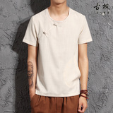 夏季中国风男装个性斜襟盘扣T恤男士棉麻短袖体恤中式复古打底衫