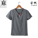 夏季中国风男装亚麻短袖T恤男中式复古棉麻上衣民族风打底体恤潮