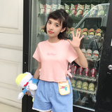 韩国可爱粉精工刺绣字母短款前短后长闺蜜装短袖淡粉色T恤女夏