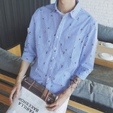 原创日系夏季新款韩国青少百搭条纹七分袖衬衫韩版宽松男士衬衣潮