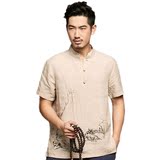 中国风男装夏天棉麻料上衣服立领亚麻布衬衫麻衣T恤手绘短袖衬衣